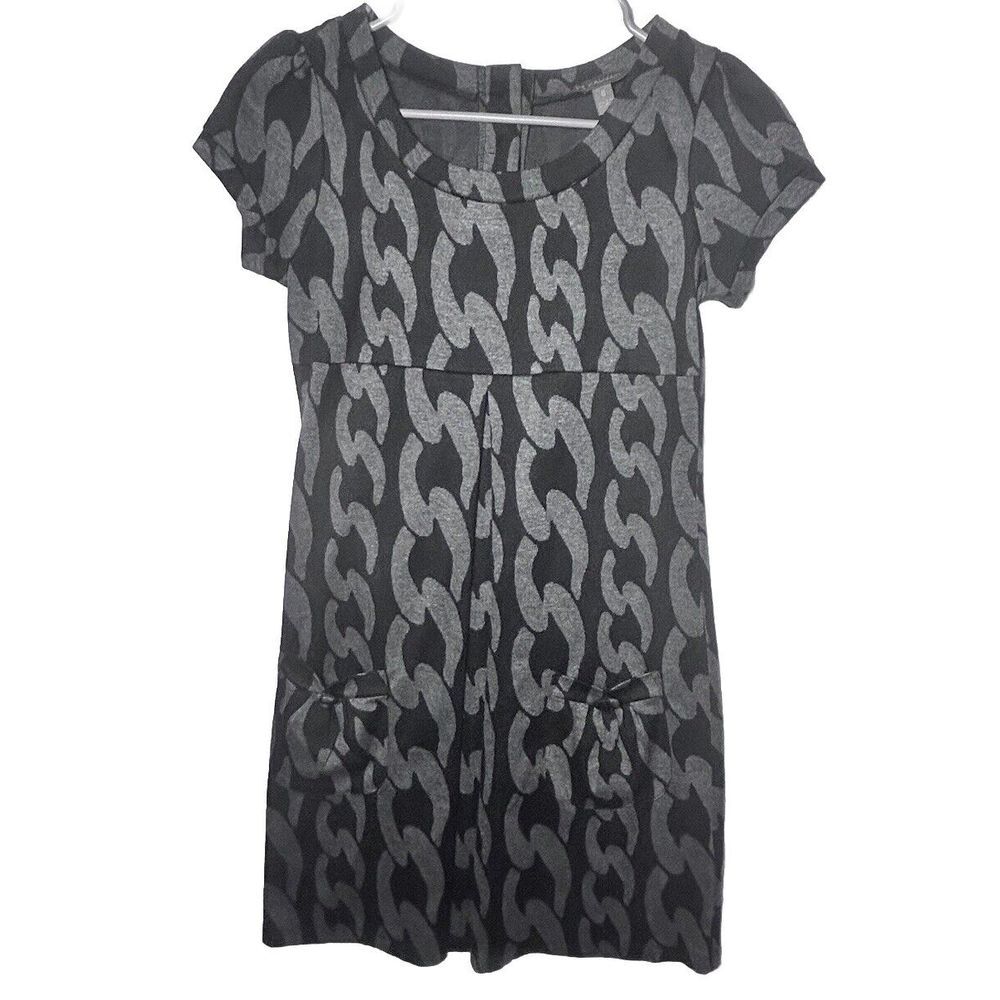 Kalijati Dress W/Front Pockets, Short Sleeve,Black and Grey, Size S, Knee Length